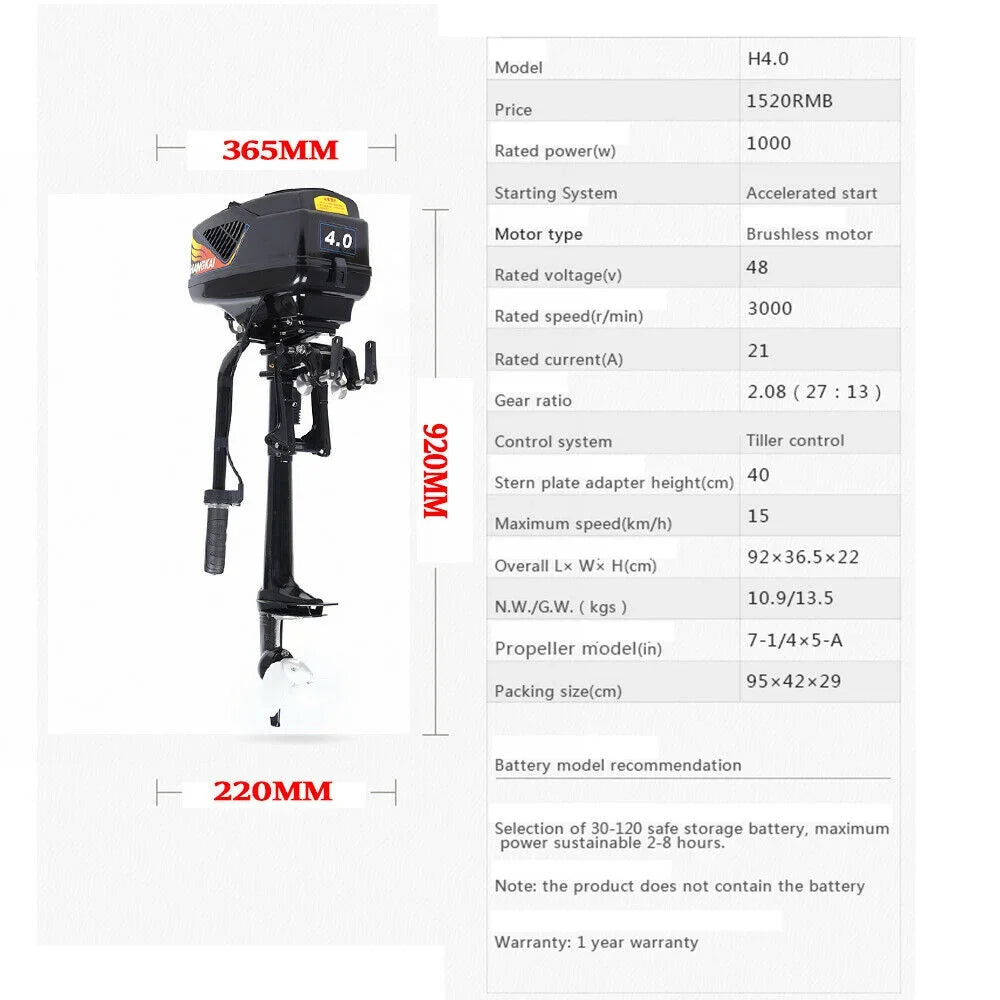 1000W Propeller Boat Engine Fishing HANGKAI Trolling Electric Outboard Motor 48V