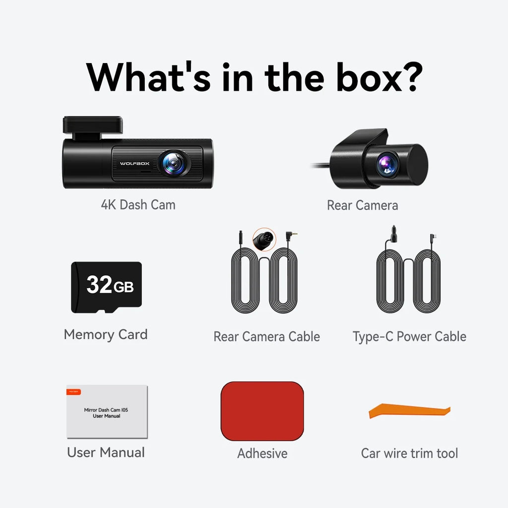 DashCam 1080P Recording WiFi, with Front 32G Front Loop WDR, Rear with Car Rear, and Dashcam Night Free Dash Cam GPS & 4K Vision, and WOLFBOX UHD Card,