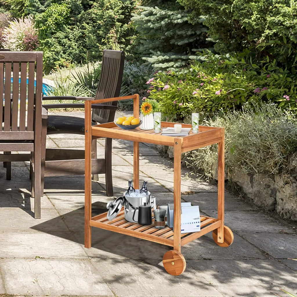 & Cart, Cart Wheels, Side for Buffet Wood Kitchen Table Legs 2-Tier Island Patio Garden Home Poolside on Handle, Kitchen Cart with Serving Rolling exterior Utility Bar Acacia