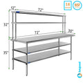 Two Stainless Shelving 30" Work Table Steel | Table Kitchen & With x Overshelf Shelves 72" Tier Double Wide 12" Prep Combo | Metal