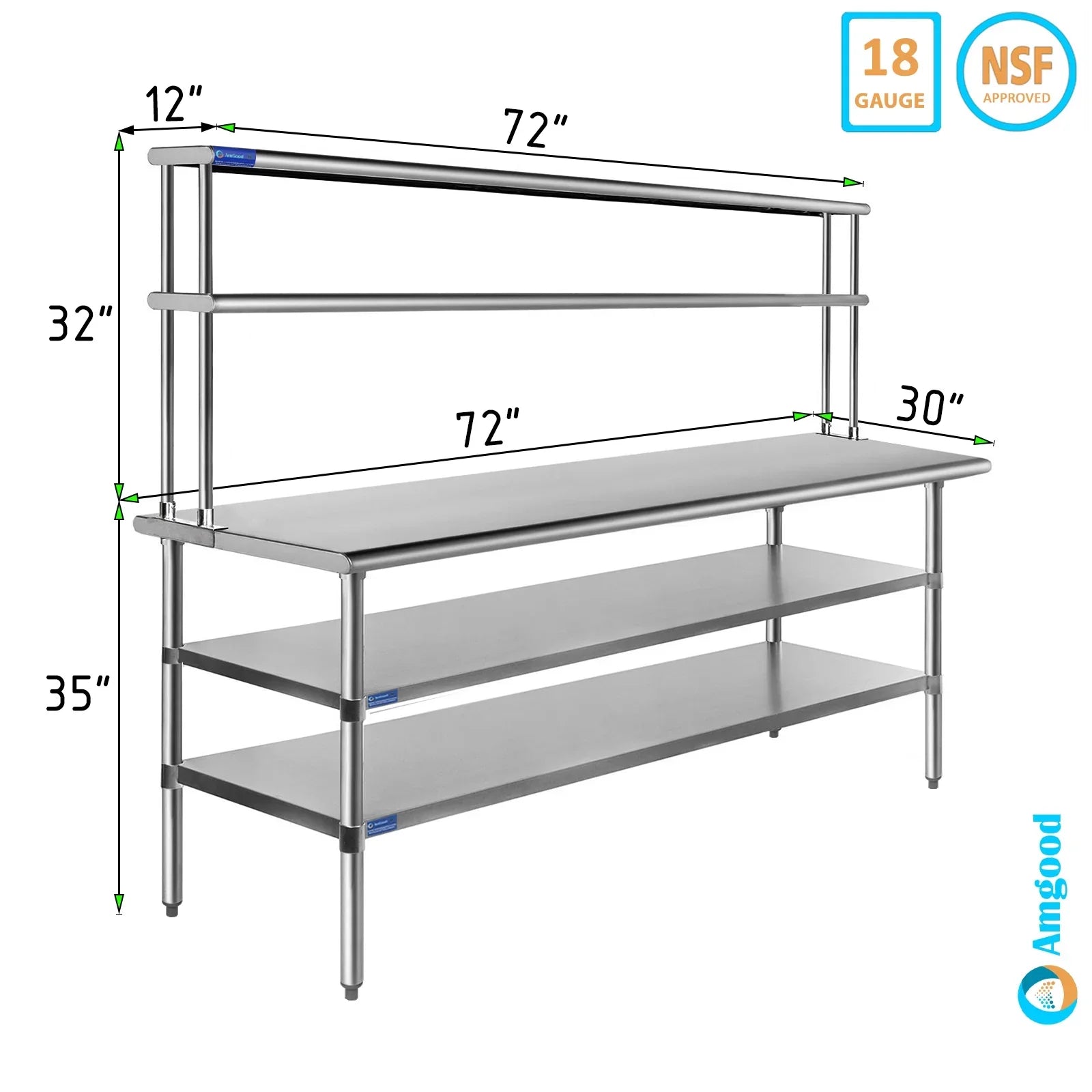 Two Stainless Shelving 30" Work Table Steel | Table Kitchen & With x Overshelf Shelves 72" Tier Double Wide 12" Prep Combo | Metal