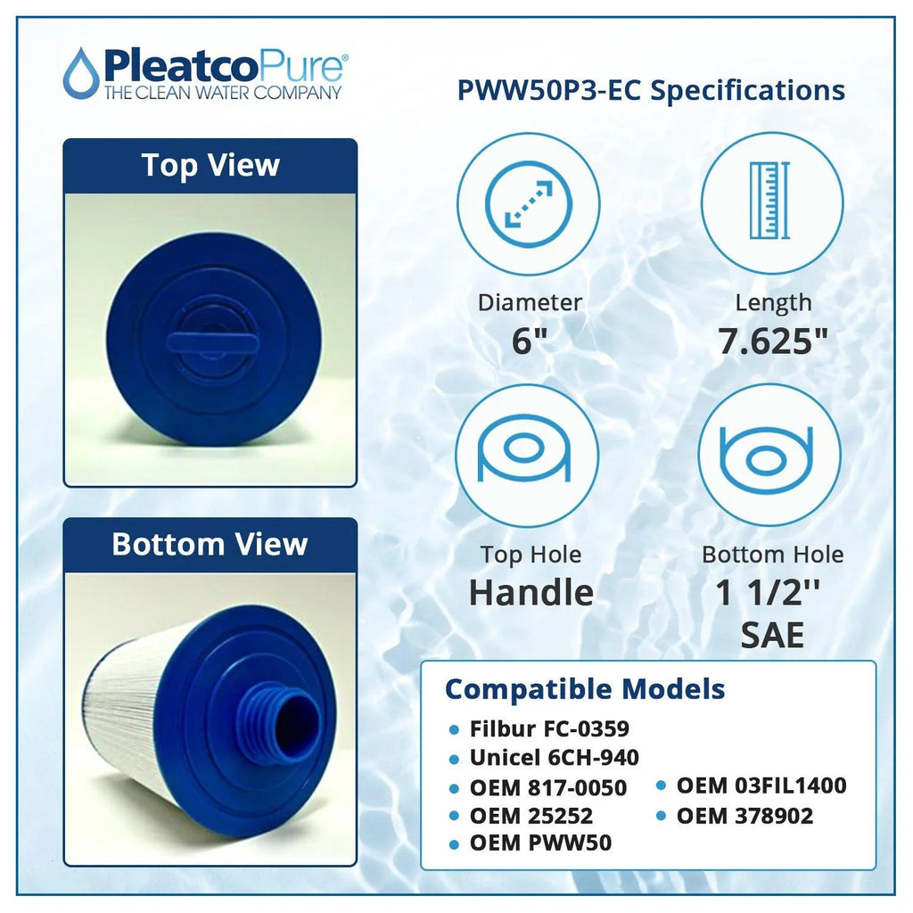 PWW50, Unicel: Filbur: Part 378902, OEM Numbers: PWW50P3-EC Pleatco FC-0359, Spa White 6CH-940, 25252, Filter 817-0050, Cartridge 03FIL1400, Replacement for