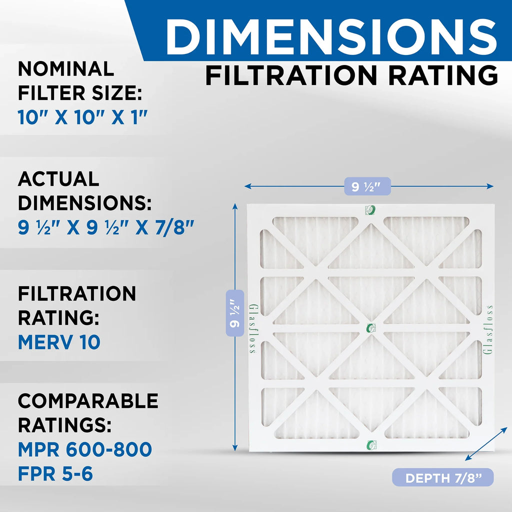 by x Actual 10x10x1 10 12 9-1/2 Pleated 7/8 of 9-1/2 Pack MERV dimension: x Filters Air Glasfloss.