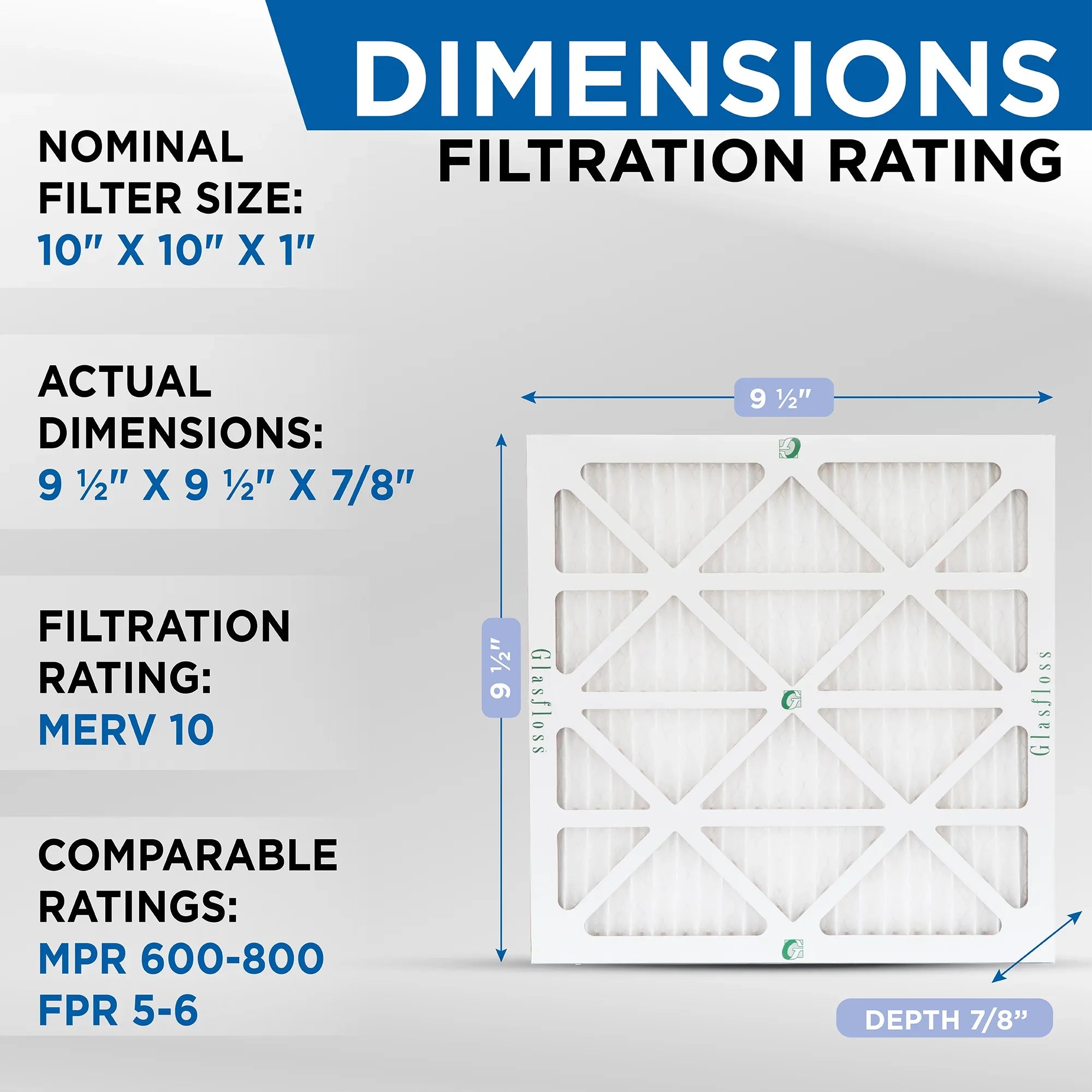 by x Actual 10x10x1 10 12 9-1/2 Pleated 7/8 of 9-1/2 Pack MERV dimension: x Filters Air Glasfloss.