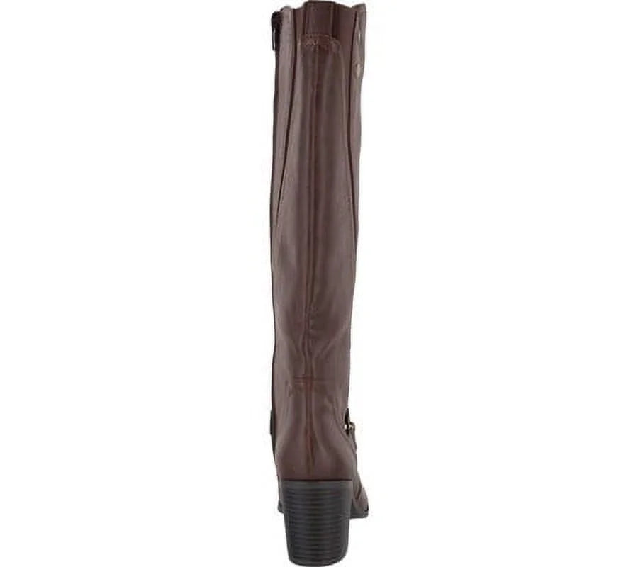 Toe Format Brown Boot Block 8.5 Riding Studded STREET W EASY Womens Heel Elastic Goring Zip-Up Round Strappy