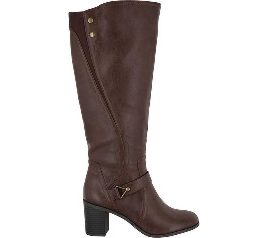Toe Format Brown Boot Block 8.5 Riding Studded STREET W EASY Womens Heel Elastic Goring Zip-Up Round Strappy