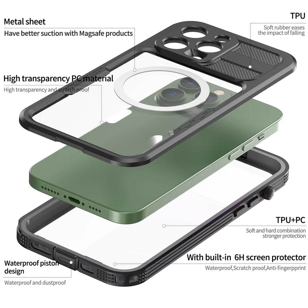 for with Dropproof][Dustproof][Compatible Underwater][14FT Waterproof, Pro Pro Black Case - MagSafe] Screen iPhone for 6H [Real 14 14 Built-in Protector iPhone 6.1" 360][IP68 Military