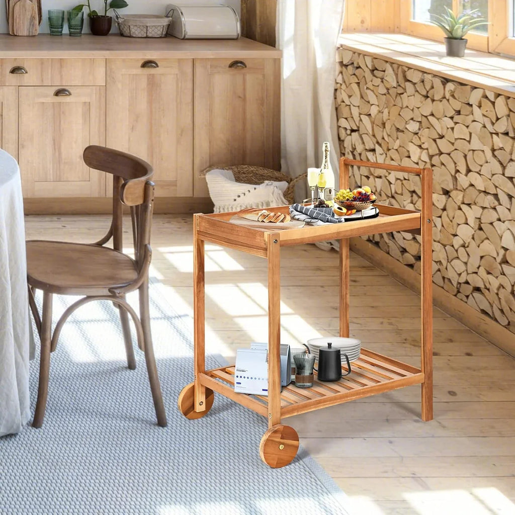 & Cart, Cart Wheels, Side for Buffet Wood Kitchen Table Legs 2-Tier Island Patio Garden Home Poolside on Handle, Kitchen Cart with Serving Rolling exterior Utility Bar Acacia