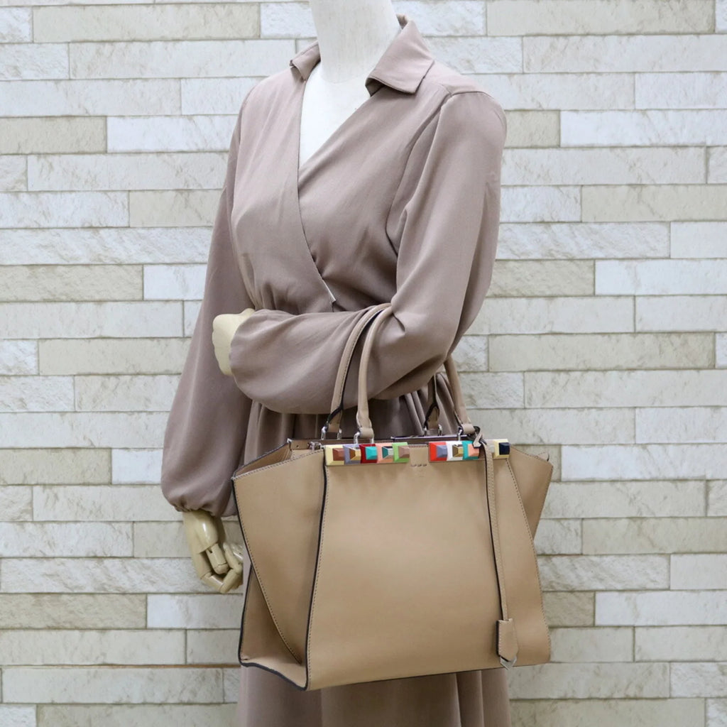 Shoulder Pre-Owned Heors Women's (Good) Leather FENDI Trois Bag Beige