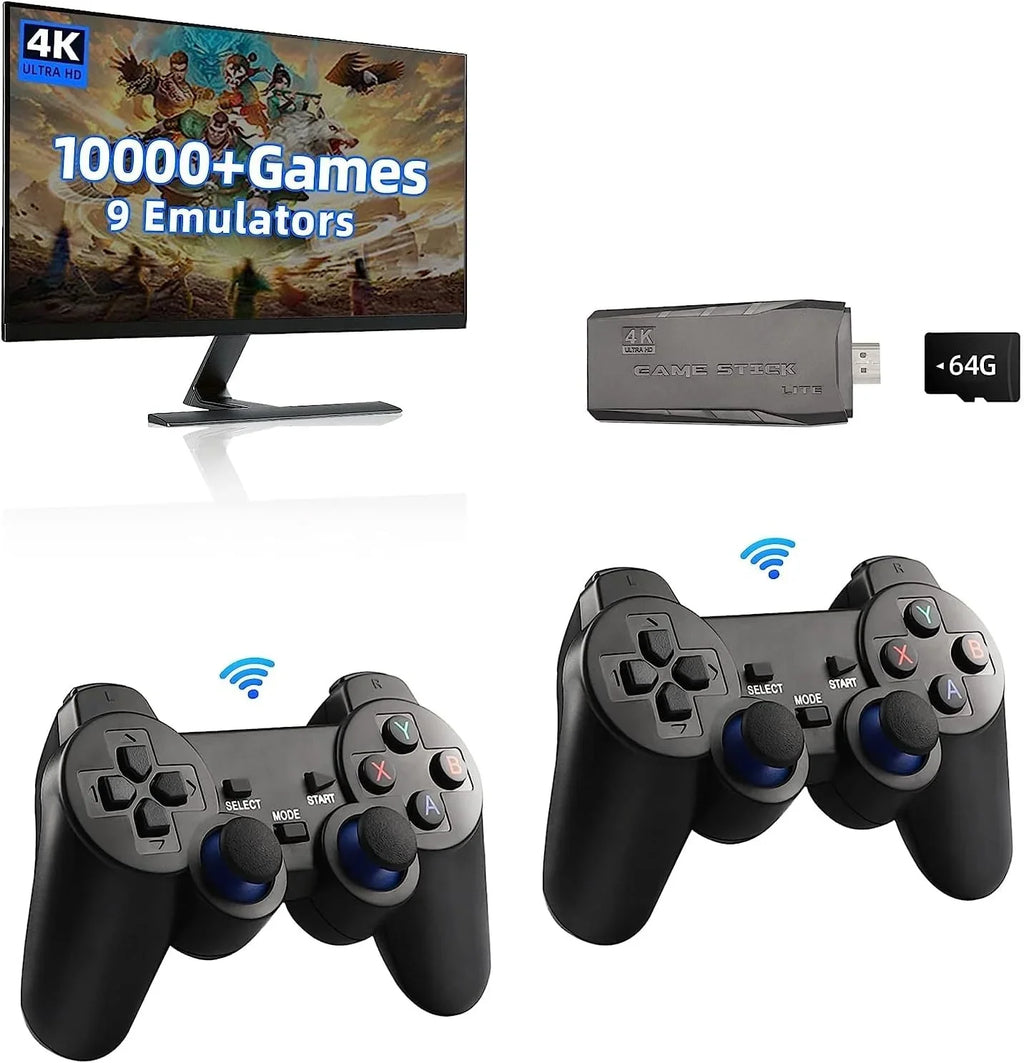 Video Built 4K Retro Play Stick,Wireless Console and HD Game Stick in Retro Plug Wireless Output (64G) 9 Game Game Games, Controllers with 2.4GHz 10000+ Emulators,
