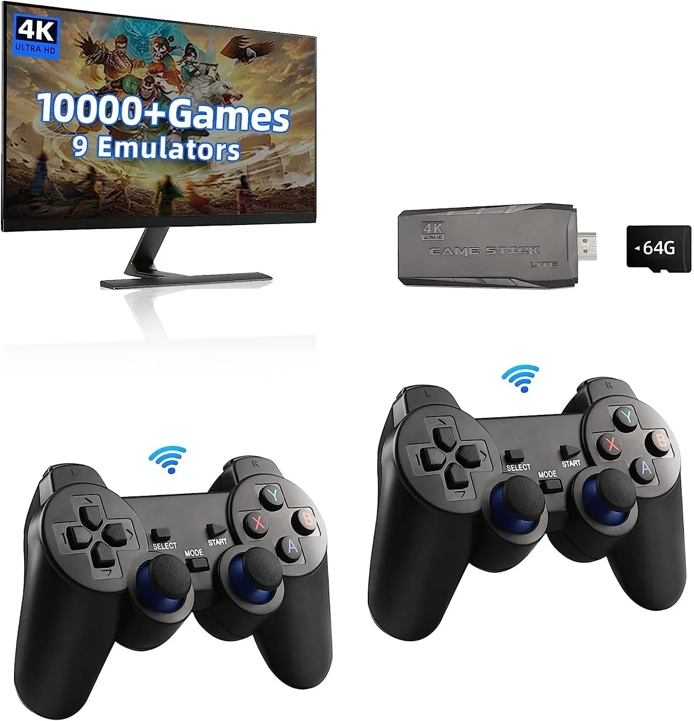 Video Built 4K Retro Play Stick,Wireless Console and HD Game Stick in Retro Plug Wireless Output (64G) 9 Game Game Games, Controllers with 2.4GHz 10000+ Emulators,