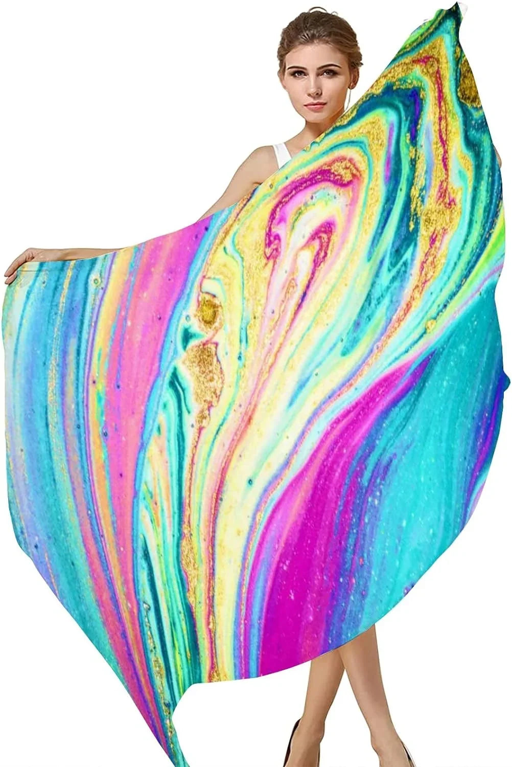 Silk Girls Shawl Watercolor Marble Neck Hyjoy Scarf Long for Scarves Wrap Art Lightweight Women