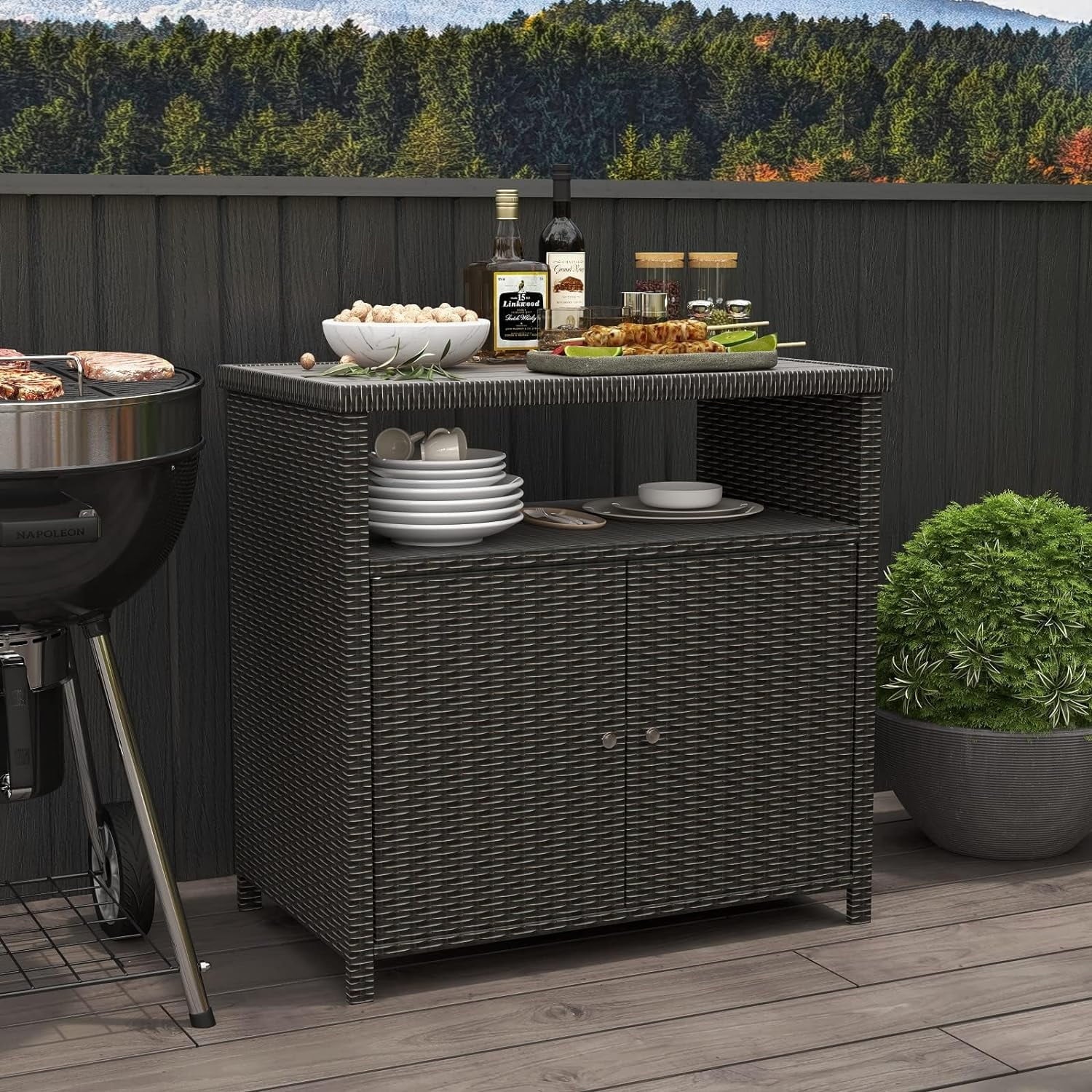 Cabinet exterior 2-Door AUCHI Wicker, Coated Powder Resin All Dark climate Steel, with Storage Indoor Wicker Shelf, Brown