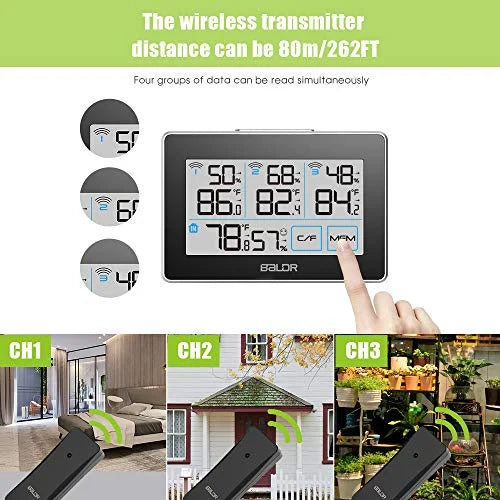 and Hanging Station Max Tracker Real-Time with - Slot, LCD, Sensors, climate BALDR Wireless 262 Built-in Remote ft with 3 Humidity Digital Meter Black Temperature and Distance Touchscreen, Stand
