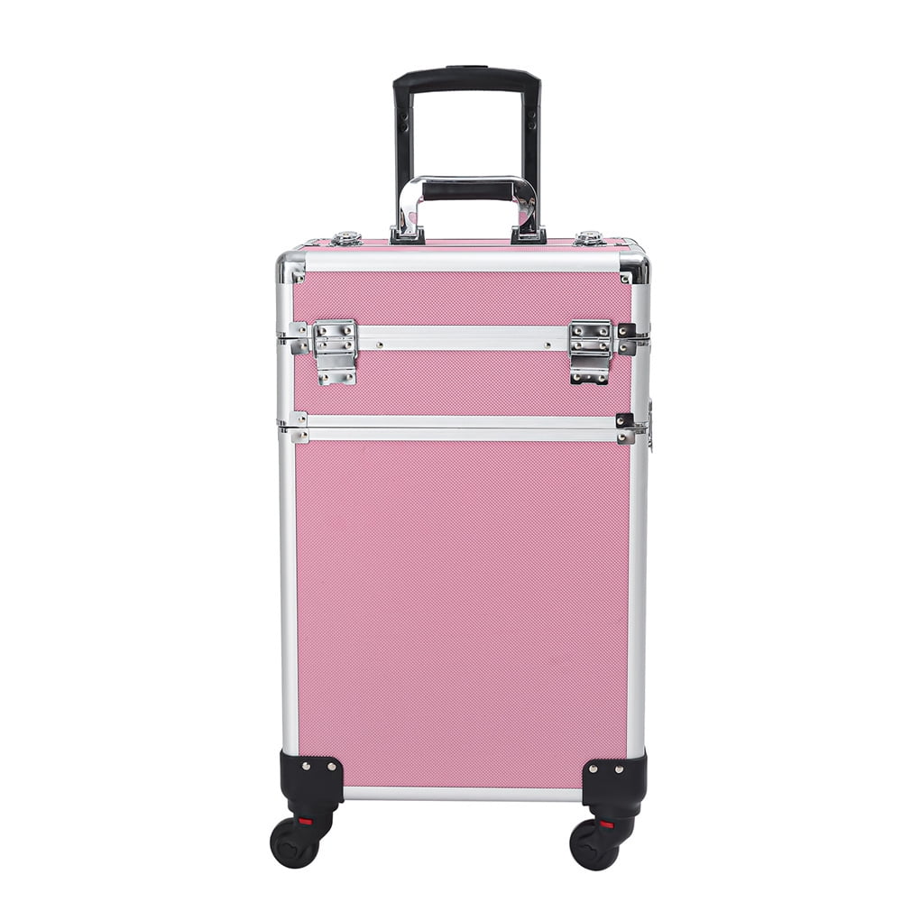 Rolling Case Makeup Case with Trolley Drawers Train Zeng Makeup Case,Pink
