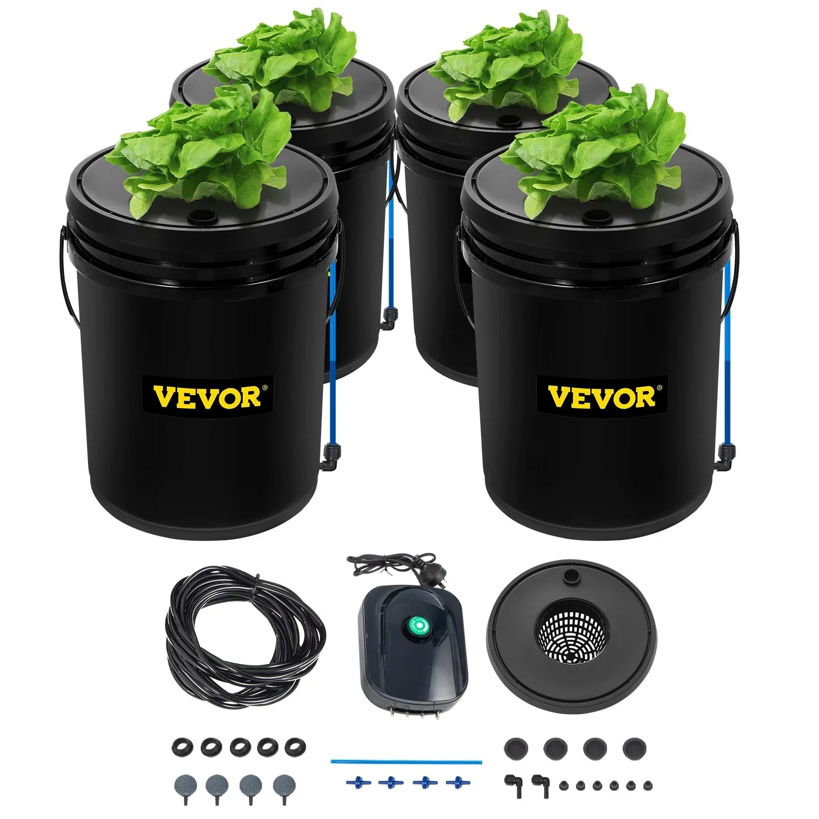 Leafy Vegetables with VEVOR Indicator DWC Kit, for Air Grow System Stone liquid 5-Gallon, Hydroponic 4-Bucket & Level Pump, Indoor/exterior