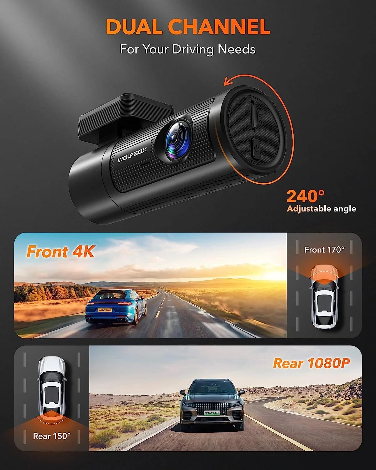 DashCam 1080P Recording WiFi, with Front 32G Front Loop WDR, Rear with Car Rear, and Dashcam Night Free Dash Cam GPS & 4K Vision, and WOLFBOX UHD Card,