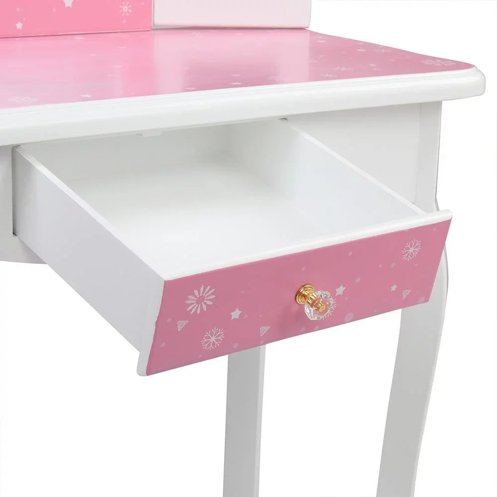 w/ design Wooden Desk Kids Mirror,Stool,Drawer Pink Makeup Vanity Snow SalonMore
