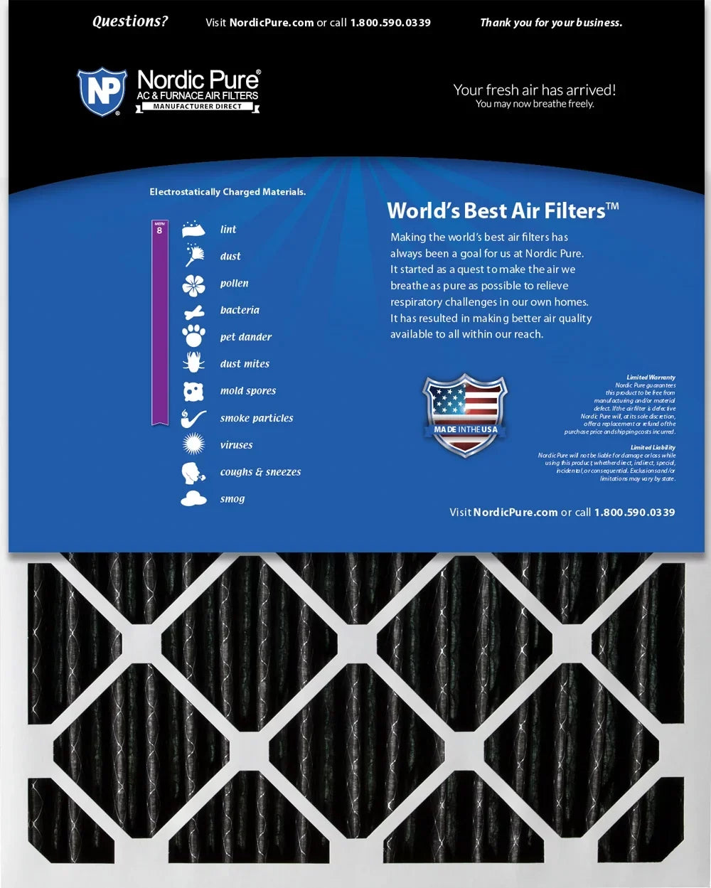 Filters Pure 16x25x2 Carbon Plus Air Nordic Pleated 3 Pack 8 Furnace MERV