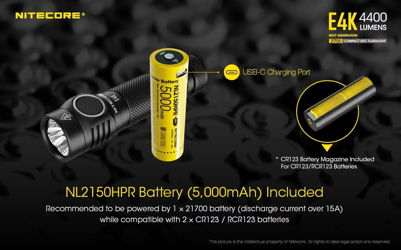 Battery NITECORE Flashlight Li-ion 21700 E4K NITECORE -1x Mount Rechargeable Included w/Offset Combo: