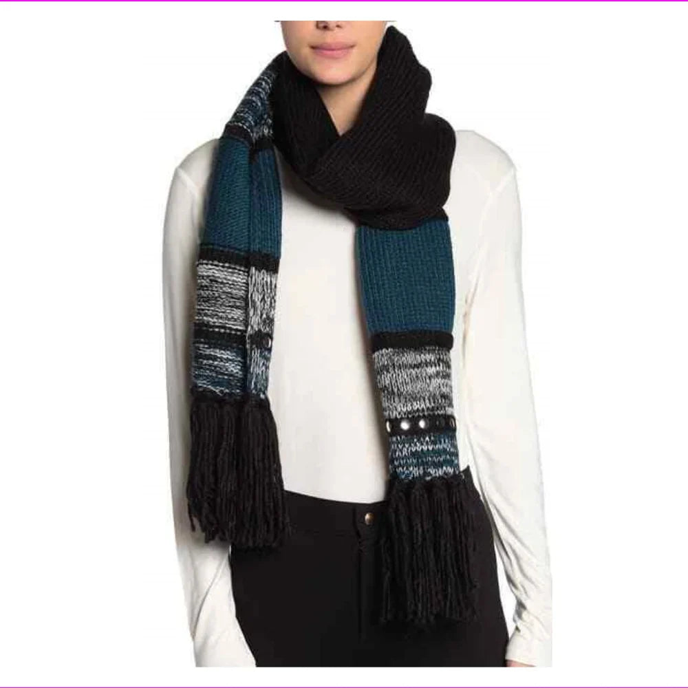 Wrap OS Embellished Scarf, Print Stripe TEAL,dimension LUXE Fringe Michael Kors, Stud