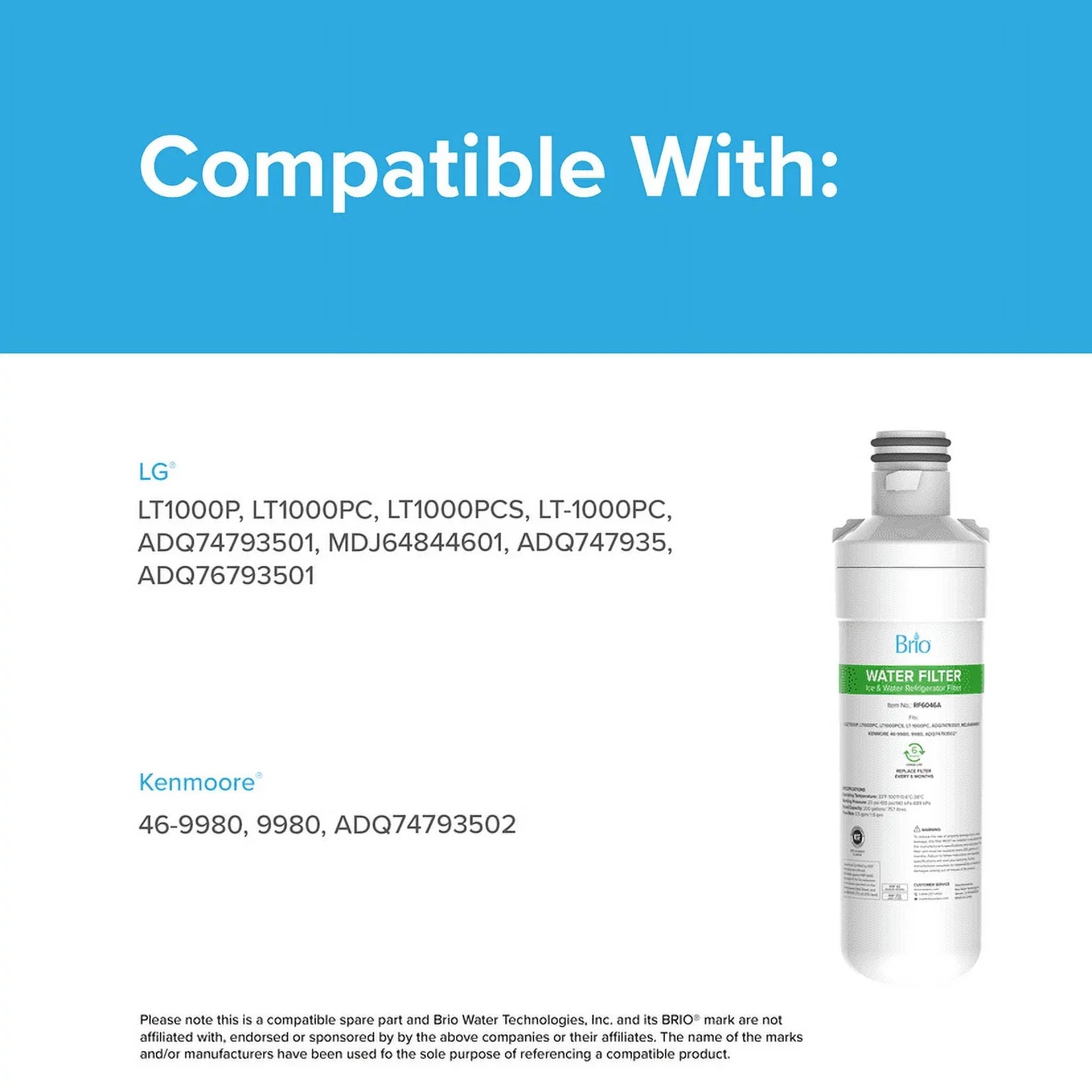 Filter Replacement Brio LT1000PCS, 6046A LT1000PC, LT-1000PC, LGLT1000P, With ADQ74793501 liquid Compatible Refrigerator