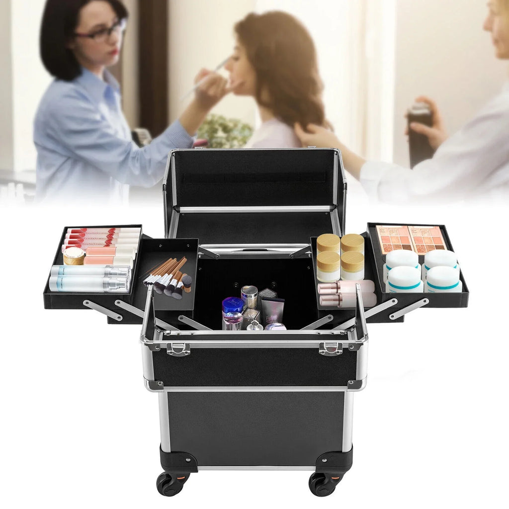 with Rolling Luggage Nail Travel Box Trunk (Black) Train Hairdresser Salon Wheels Lockable Beauty Organizer Case Tool Trolley, Cart Case Stylist Makeup Swivel Cosmetic Barber