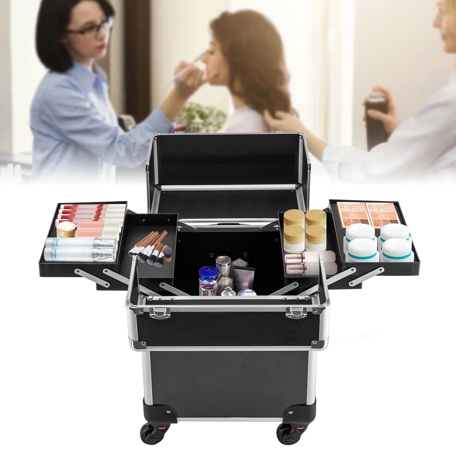 with Rolling Luggage Nail Travel Box Trunk (Black) Train Hairdresser Salon Wheels Lockable Beauty Organizer Case Tool Trolley, Cart Case Stylist Makeup Swivel Cosmetic Barber