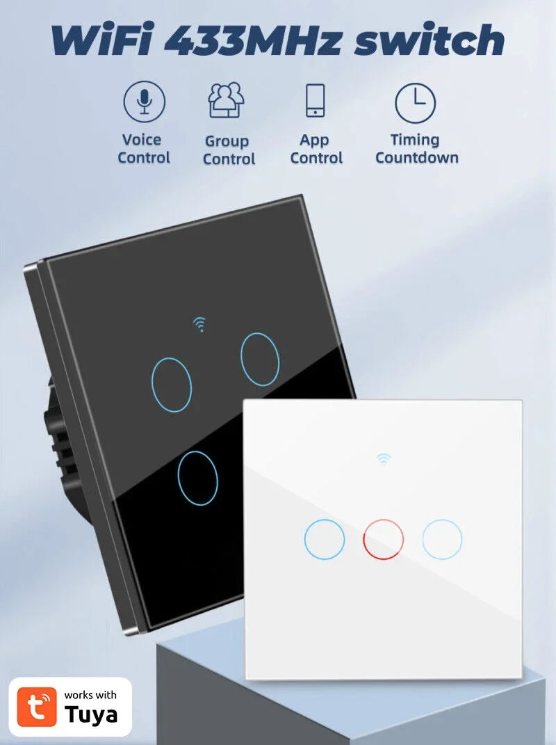 Smart Light Home Button Touch WiFi+433MHZ Glass Switch Wall Panel TUYA 3/4Gang