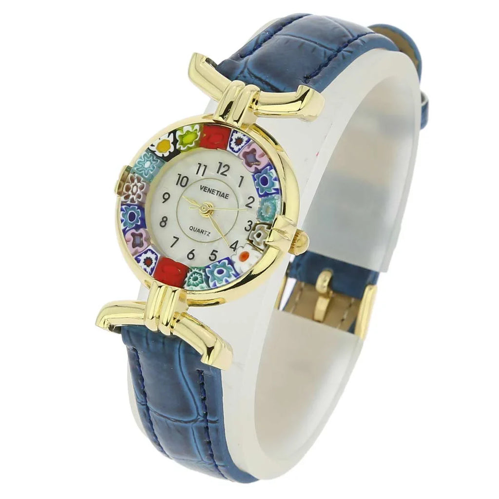 Multicolor Blue Leather - Glass Watch Millefiori Band Murano GlassOfVenice with