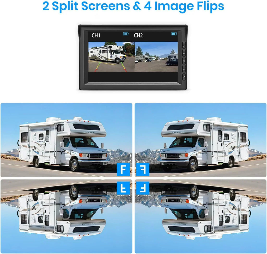 Dual Panel, Rear RV Monitor Campervans Reverse and PCS Camera View Solar Solar Wireless Trailer Camera, with Backup Wireless Split-Screen Cameras 7'' Battery-Powered Systems 2 2 Auto-Vox