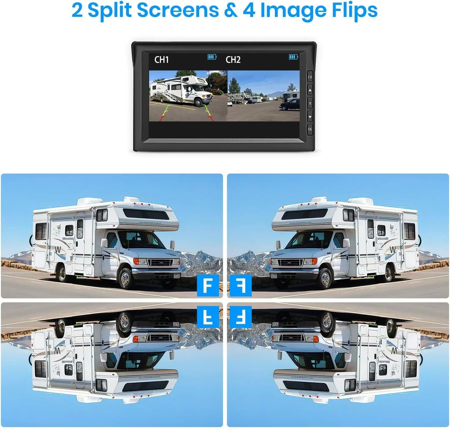 Dual Panel, Rear RV Monitor Campervans Reverse and PCS Camera View Solar Solar Wireless Trailer Camera, with Backup Wireless Split-Screen Cameras 7'' Battery-Powered Systems 2 2 Auto-Vox