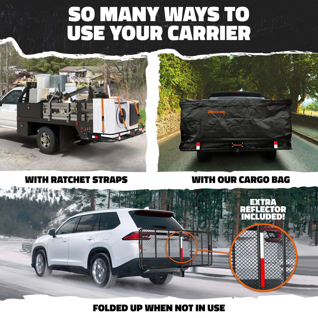 & 40 Mockins Arm Cap. Basket Foldable Carrier Cargo Trailer CF XXL 500lbs 70"x30"x6" Bag Hitch | Mount Hitch with Hitch