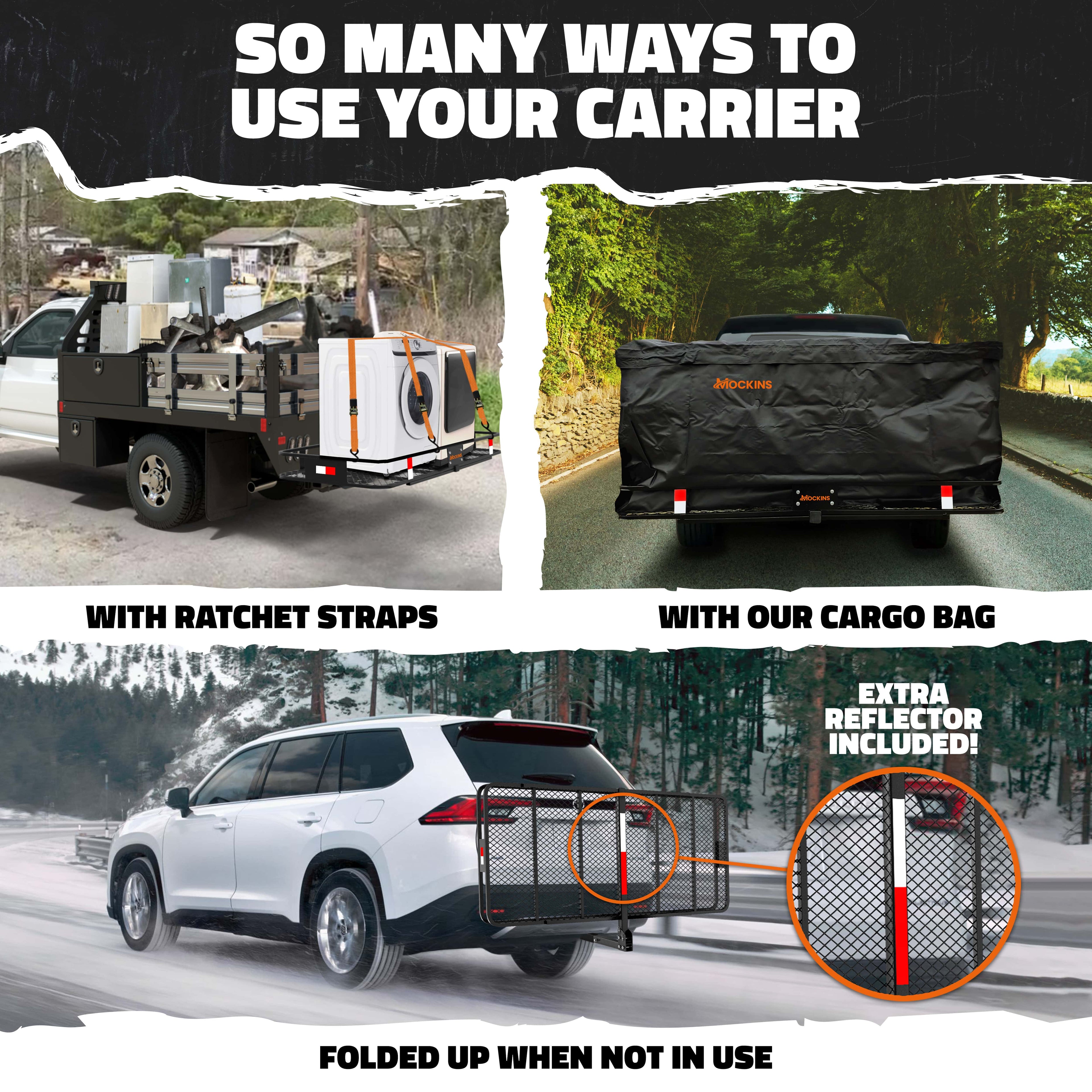 & 40 Mockins Arm Cap. Basket Foldable Carrier Cargo Trailer CF XXL 500lbs 70"x30"x6" Bag Hitch | Mount Hitch with Hitch
