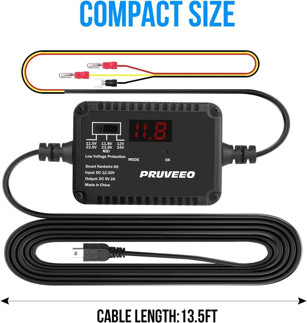 PRUVEEO Protection and Intelligent 98% USB Fit Cam for Low-Voltage Hardwire Cam, Mini Dash Dash Kit, Adjustable 13ft