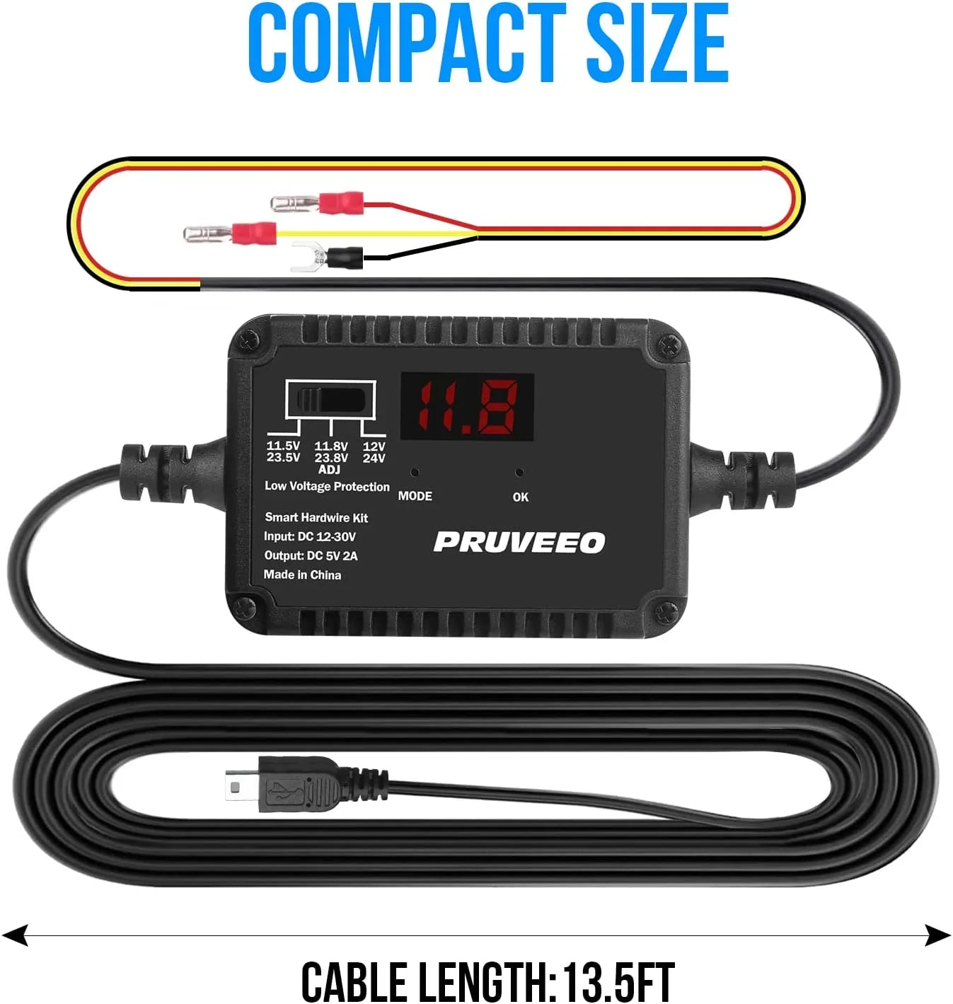 PRUVEEO Protection and Intelligent 98% USB Fit Cam for Low-Voltage Hardwire Cam, Mini Dash Dash Kit, Adjustable 13ft