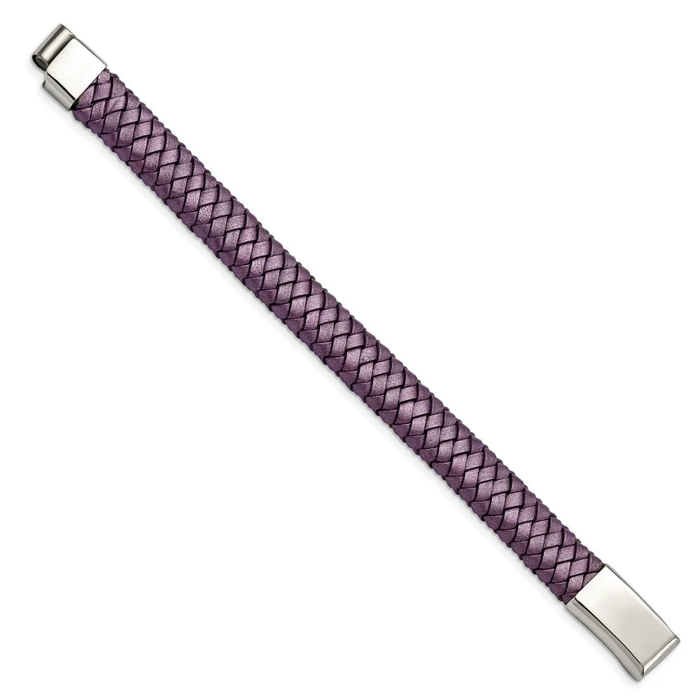 Stainless mm 16 in Bracelet Women's Chisel Polished Rubber Metallic & Purple Steel Leather Braided 7.5 Cord,