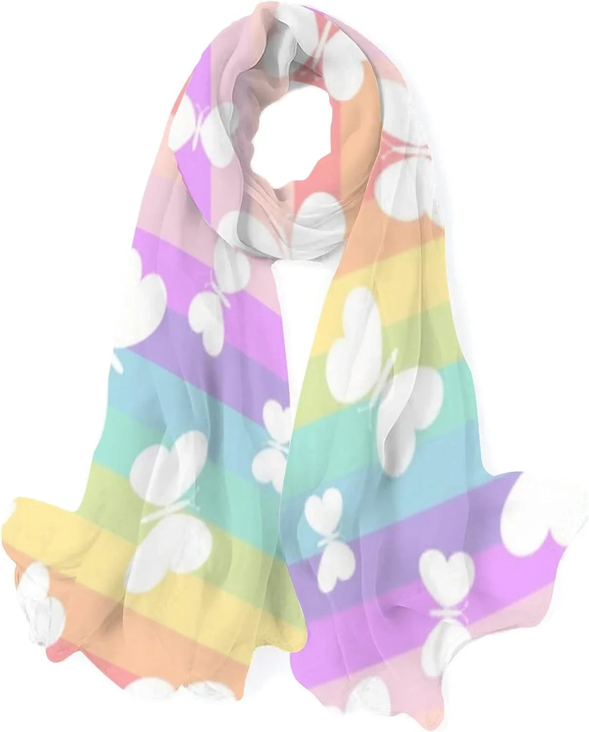 Girls Rainbow Scarves Long Hyjoy Lightweight Scarf Silk Neck Butterflies On Stripes Shawl Women for Wrap