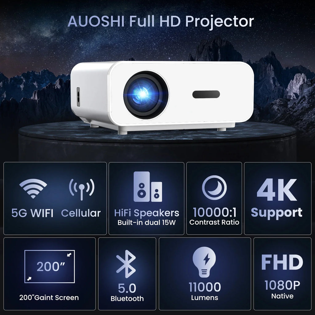 Projector AUOSHI Home , 1080P exterior , Projector For 4K Support 12000LM Projector Video Theater and with Wifi Projector Portable 5G/2.4G Mini Bluetooth, Movie