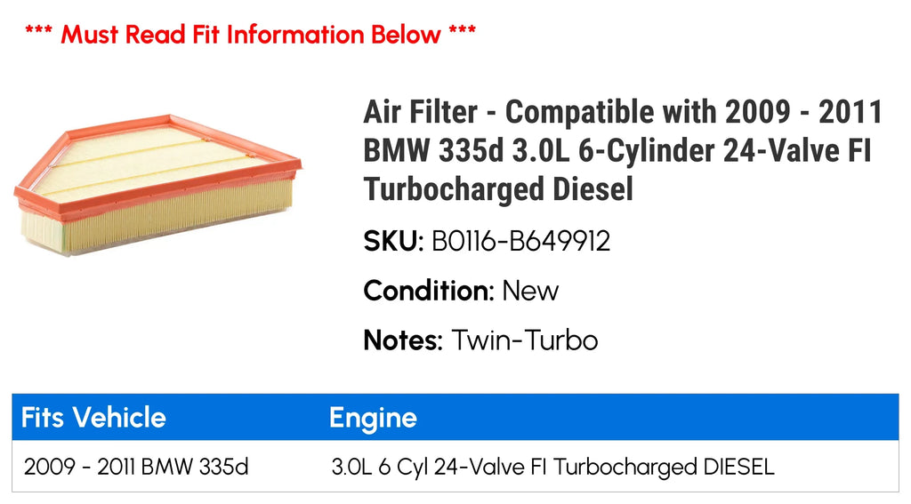 Filter Compatible 335d Air 24-Valve with 2011 Diesel 6-Cylinder - 2010 Turbocharged FI 2009 - 3.0L