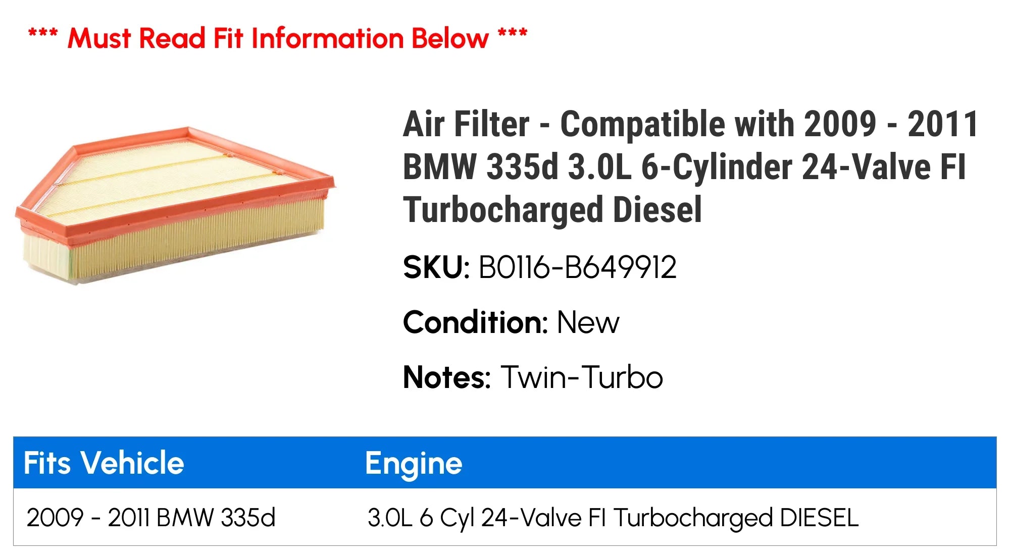 Filter Compatible 335d Air 24-Valve with 2011 Diesel 6-Cylinder - 2010 Turbocharged FI 2009 - 3.0L
