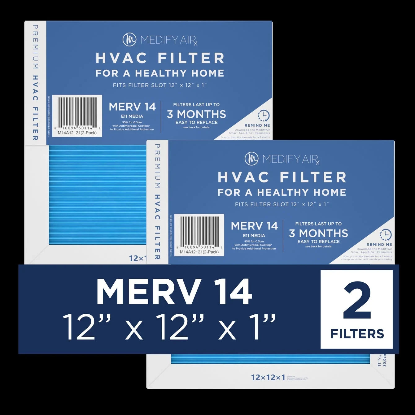 Filter Air Medify 2-Pack) HEPA Particles 14, 12x12x1 Pleated (MERV 95% Cleaning Air