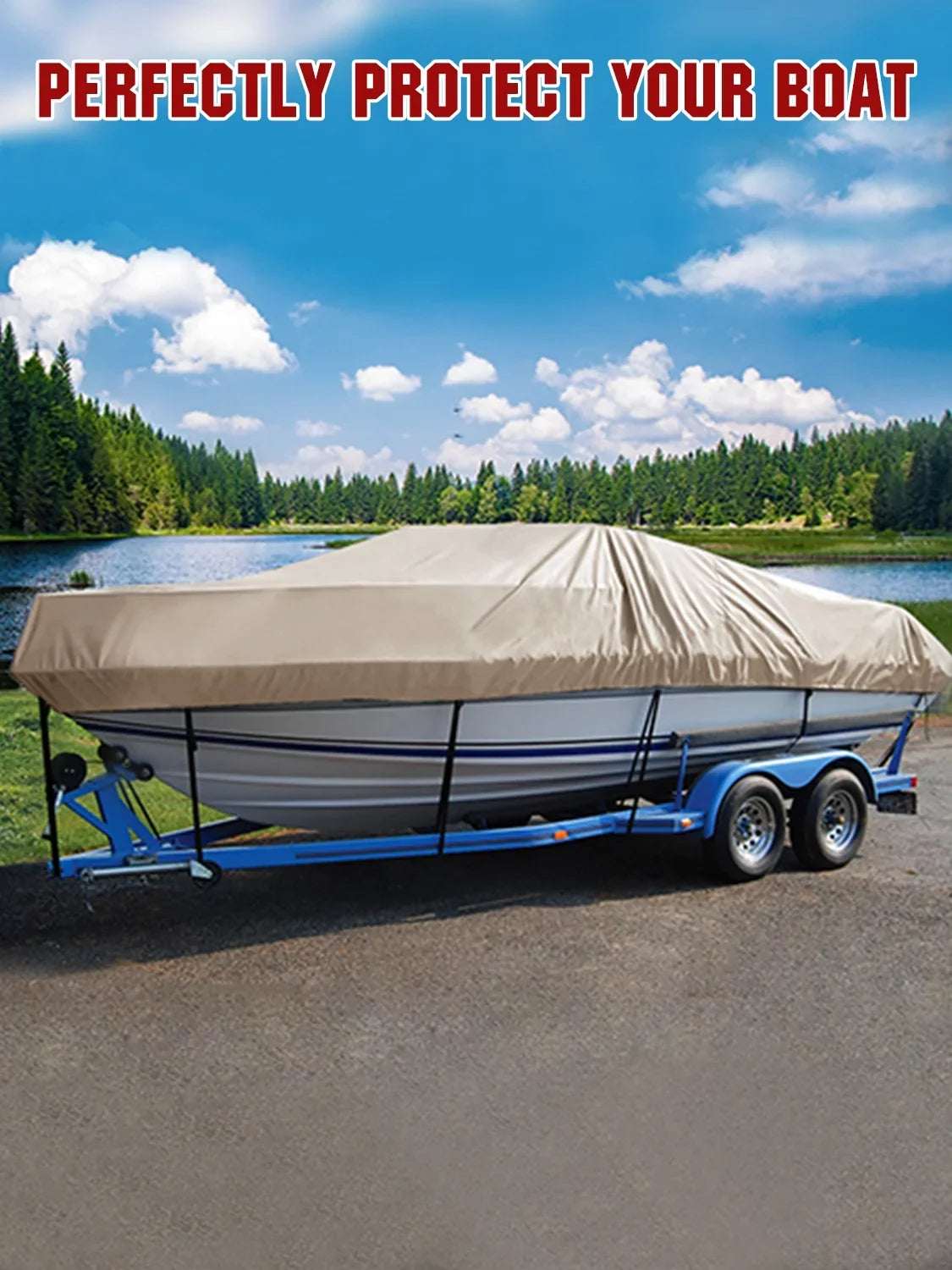 600D 19 Boat ft 17 All Tear Cover Heavy Oxford - AngLink - Proof, climate Cover, and Polyester Boat Duty V-Hull, Bass Beige Durable | Runabout Pro-design Protection Waterproof TRI-Hull, Fits