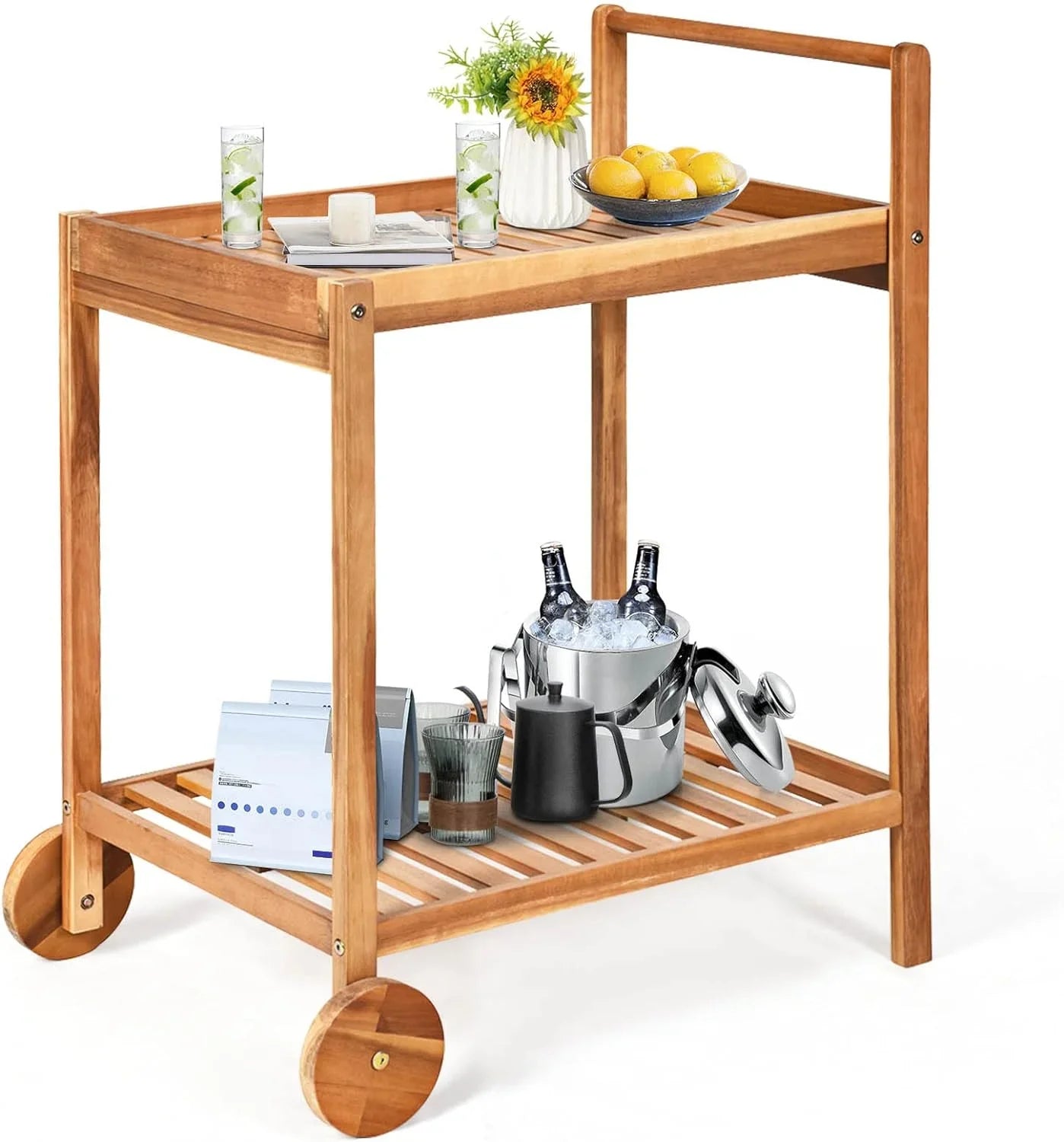 & Cart, Cart Wheels, Side for Buffet Wood Kitchen Table Legs 2-Tier Island Patio Garden Home Poolside on Handle, Kitchen Cart with Serving Rolling exterior Utility Bar Acacia