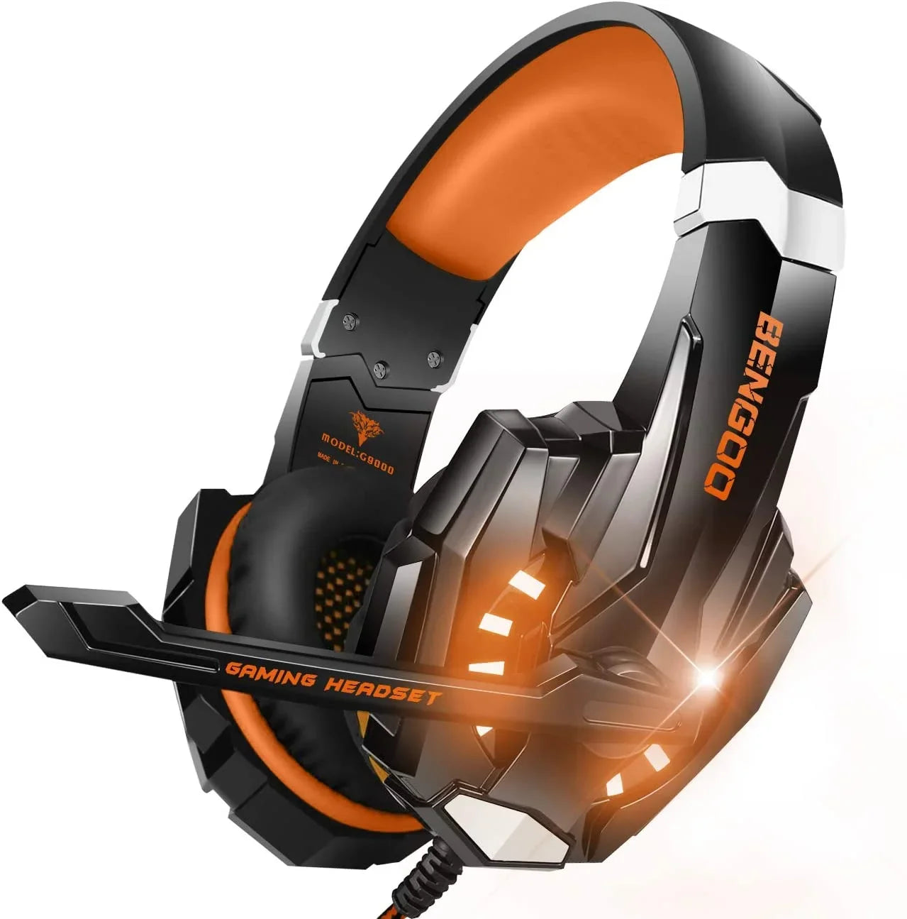 Earmuffs Memory PS4, Headset Bass One Mic, Ear Light, G9000 Over BENGOO for Stereo Soft with Cancelling LED Noise (Orange) Xbox Gaming Headphones PC, Surround, Controller,