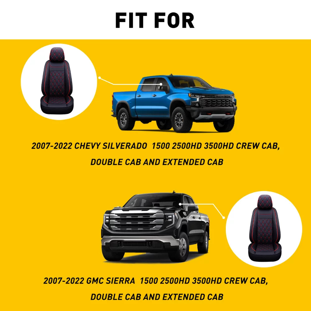 Black-Red) Crew,Double,Extended 2007-2023 Truck(Full Silverado Seat Full Cab GMC HD Car Set Sierra Fit Pickup or 1500/2500 Covers for HD 3500 Set, /