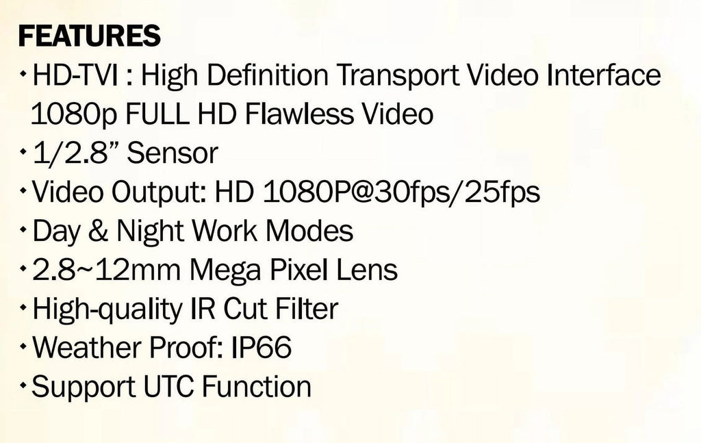 DC LED exterior 42 IR 2.8-12mm, 2MP TIR-0412V-W Eyemax Camera, Bullet HD-TVI 12V