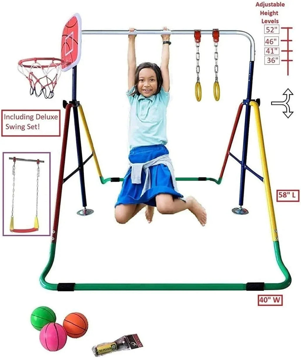 Gymnastics Bar with Gym 4-in-1 Set Rings, Training Swing, - Hoop Folding Junior for Basketball Bar Home Height-Adjustable