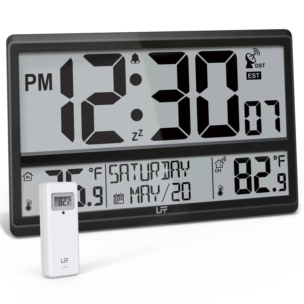Wireless Indoor with Clock Wall / Wall Easy-to-Read, Battery Atomic 15" exterior exterior Clock Temperature, LFF Needs Numbers Never / with Sensor Operated, Atomic Setting, 4.5" Digital Clock Large