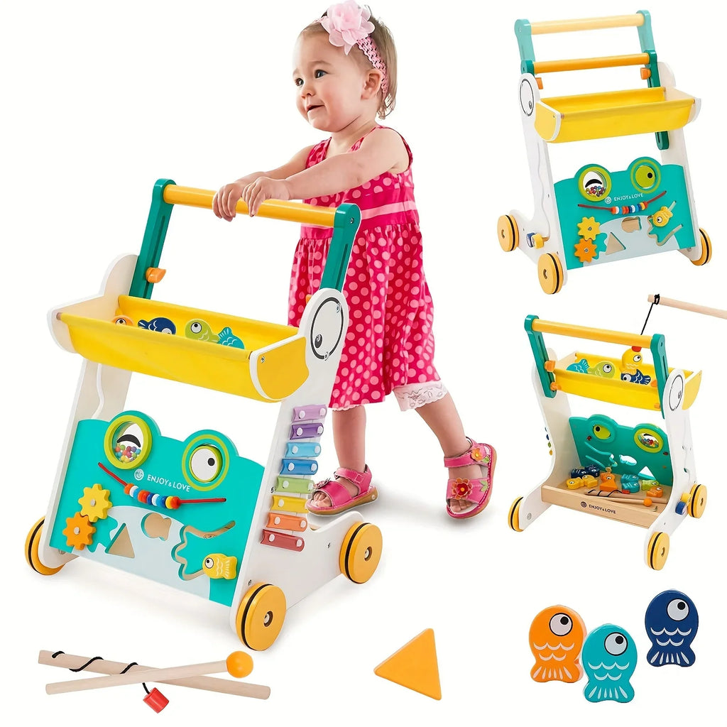 Trolley Walker Entertainment Toy Shape Learning for Sit-to-Stand Multiple Toddler Walker Baby Fishing Wooden Kids Baby Activity Along Xylophone Boys Infants Sorter Push Center with Girls Push